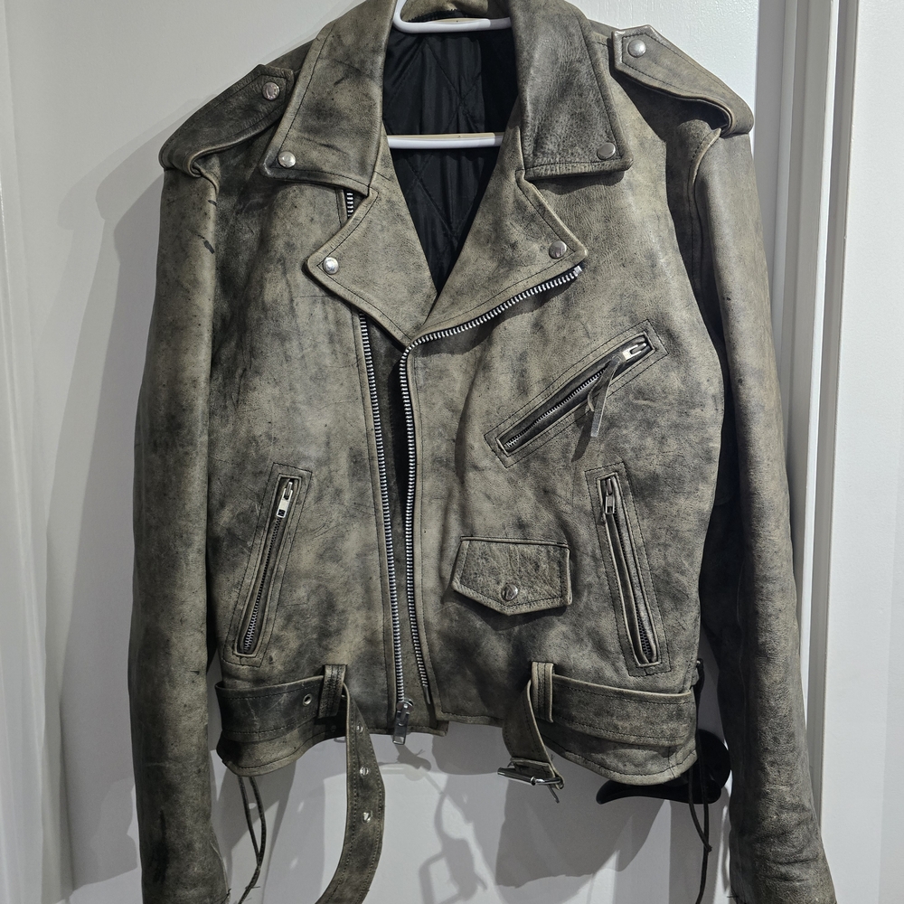 Vintage Leather Biker Jacket - Distressed Gray
